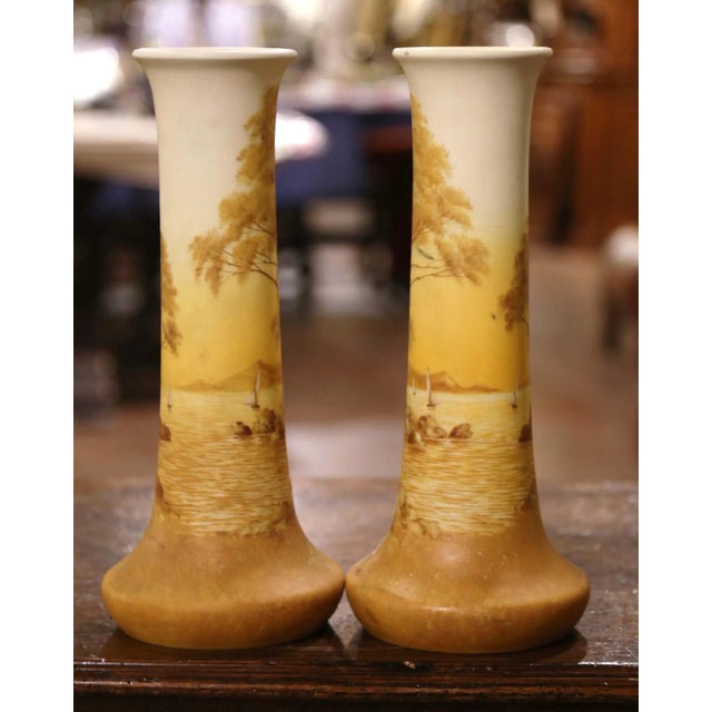 Metal Pair of 19th Century French Painted Enameled Vases Signed Delphin Massier For Sale - Image 7 of 13