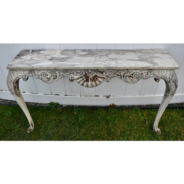 Carved Walnut Console Table Vintage Venetian White Marble Top Louis XV Style 50s For Sale - Image 4 of 12