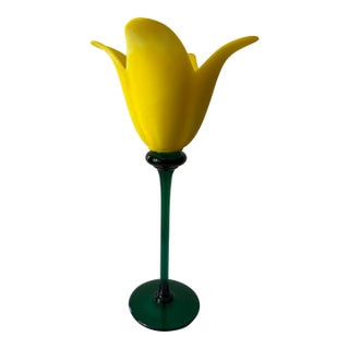 Vintage Murano Style Art Glass Tulip Flower Vase | Sunshine Yellow & Emerald Green | Long Stem Figurine | MCM Floral Decor | Blown Glass Flower Gift For Sale