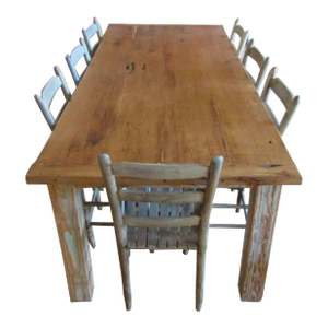 Origin Chesapeake, Va Reclaimed Oak- Rustic Country Handmade White Oak Table W/ Beadboard Legs & 8 Wooden Chairs - Set of 9