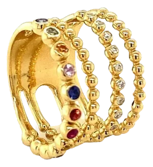 Multi Color Sapphire Diamond Yellow Gold Band, Size 7