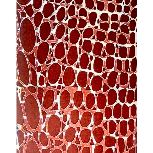 1990s Circa 1995 Egizia Italy Contemporary Abstract Dark Red Screen-Printed Pattern on Colorless Cylindrical Glass Vase For Sale - Image 5 of 14