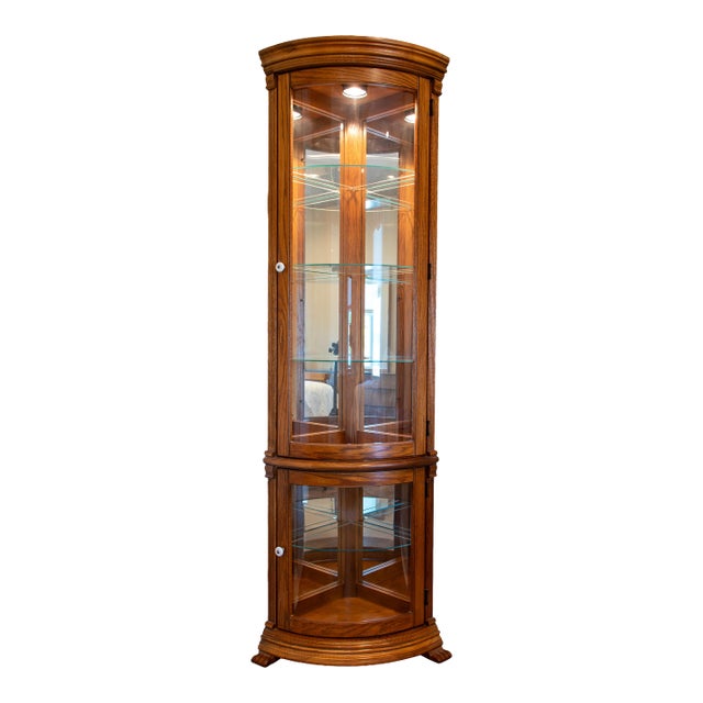 1980s Classic Oak Corner Curio Cabinet - Lighted Glass Display, 4 Glass + 2 Wood Shelves, Excellent Condition For Sale