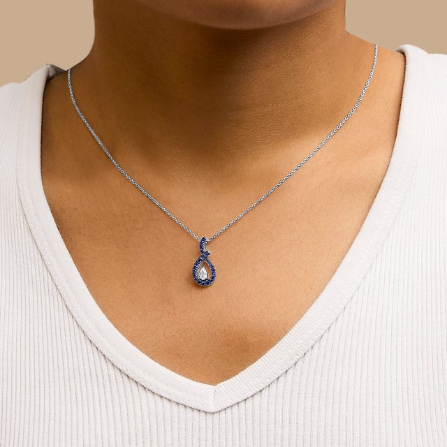 .925 Sterling Silver Created Blue and White Sapphire Teardrop Shaped Pendant Necklace - 18" Inches For Sale - Image 4 of 5