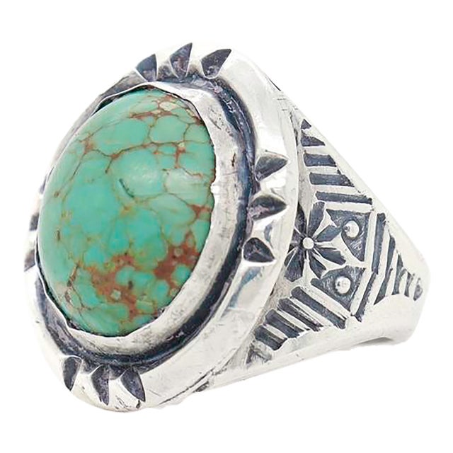 Vintage Old Pawn Navajo Sterling Silver and Turquoise Cabochon Ring For Sale