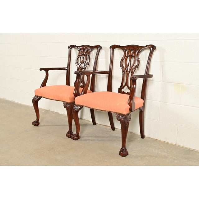 English Baker Furniture Chippendale Carved Mahogany Armchairs, Pair For Sale - Image 3 of 14