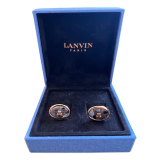 "LANVIN" Vintage Cufflinks Labradorite Stone Gold Plate, Original Case, Circa 80 For Sale