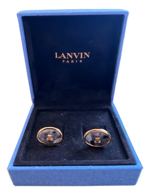 "LANVIN" Vintage Cufflinks Labradorite Stone Gold Plate, Original Case, Circa 80