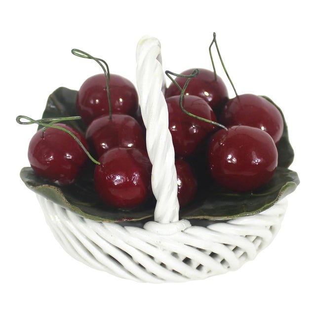 Vintage Italian Ceramic Basket With Cherries Centrepiece Small Table Decor Tablescape For Sale