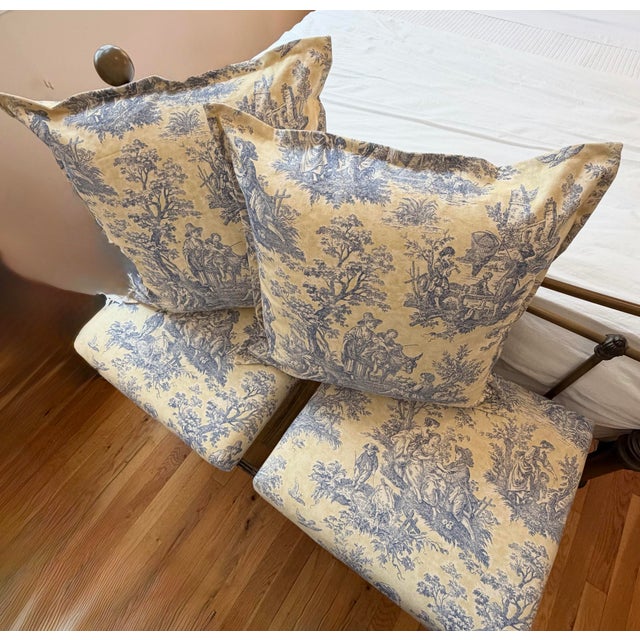 A Pair of Custom Toile Shams in Butter Yellow and Blue For Sale - Image 10 of 10