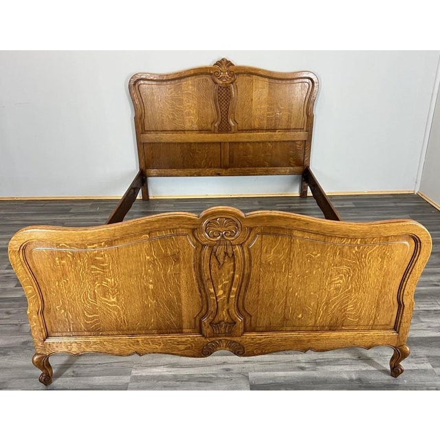 Vintage French Louis XVI Oak Double Bed Frame with Carved Headboard For Sale - Image 11 of 11