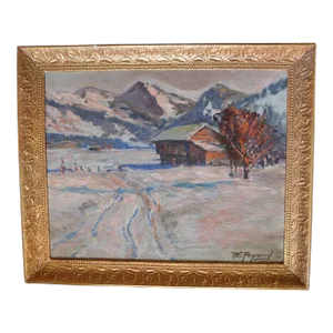 1920's Frank Peyraude Rustic Winter Landscape Oil Painting on Canvas