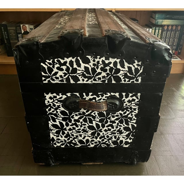 Antique Steamer Trunk Dome Top Embossed Metal Finish With Wheels For Sale In New York - Image 6 of 10