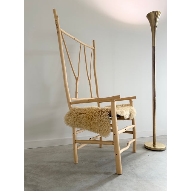 Tall Artist-Made Studio Craft Twig Chair + Woven Checkerboard Seat + Sheepskin For Sale - Image 15 of 17