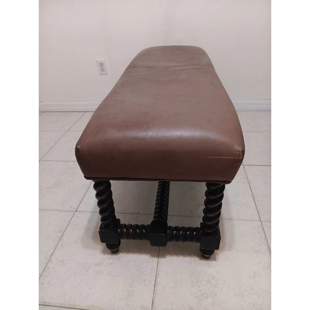 1980s Upholstered Bench With Turned Legs Leather Seat Brown Dark Wood Frame For Sale - Image 4 of 5