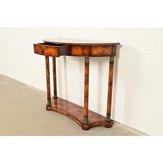 Maitland Smith Style French Empire Burl Wood and Gold Gilt Demilune Console Table For Sale In South Bend - Image 6 of 15