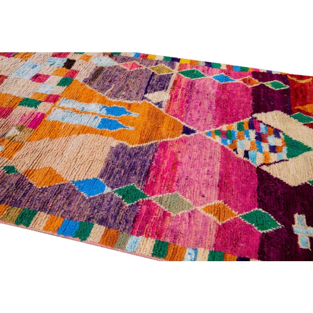 Vintage Boujad Moroccan Handmade Geometric Multicolor Berber Wool Rug For Sale In New York - Image 6 of 12