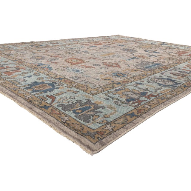 81004 Modern Oushak Rug with Earth-Tone Colors, 08'11 x 12'00. Emanating enduring Georgian elegance through meticulous...