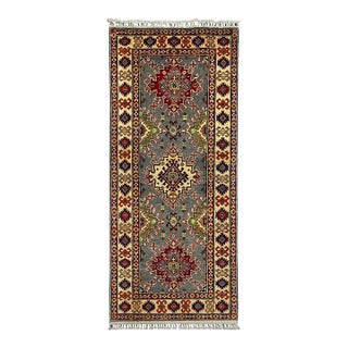 Gray, Cream and Red Kazak Wool Runner Rug, 2'9" X 6'4" For Sale
