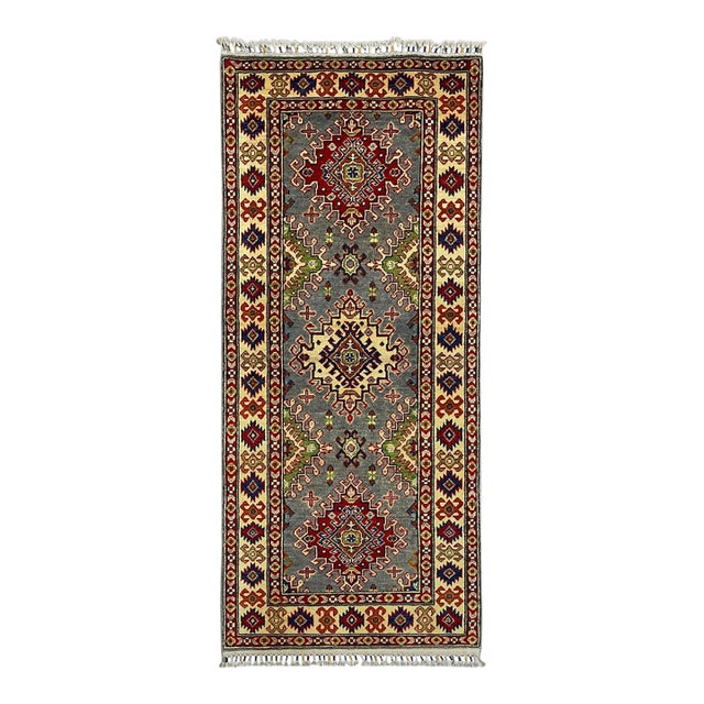 Gray, Cream and Red Kazak Wool Runner Rug, 2'9" X 6'4" For Sale