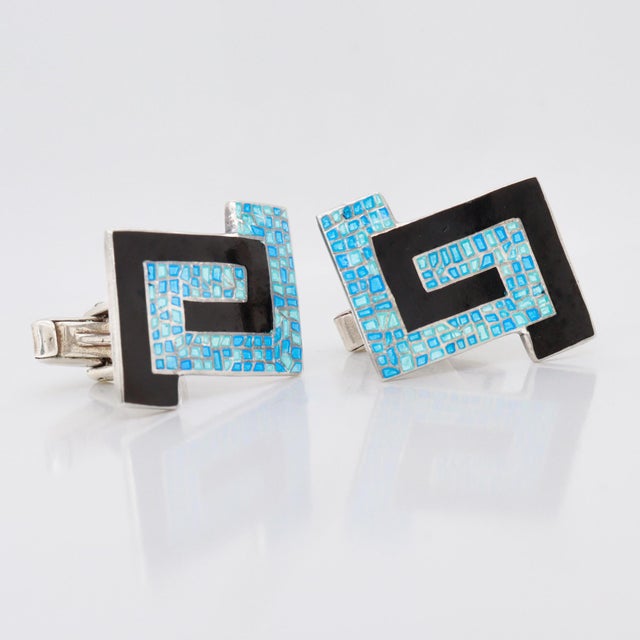 Black Pair of Margot De Taxco Greek Key Sterling Silver and Enamel Cufflinks For Sale - Image 8 of 9