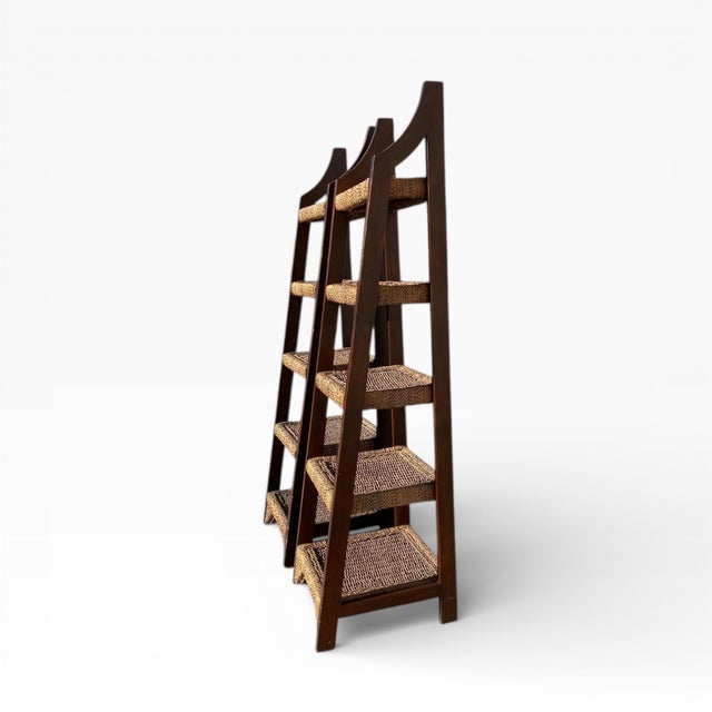 Pair of Mid-Century Wood and Woven Rush Etageres, 20th Century For Sale - Image 9 of 18
