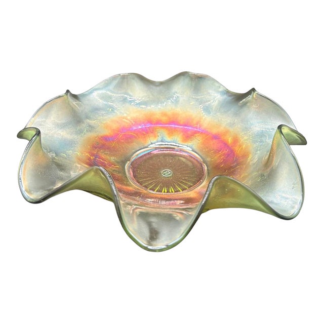 Antique Northwood “Blossoms & Palms” Green Carnival Glass Ruffled Bowl, C. 1910 For Sale