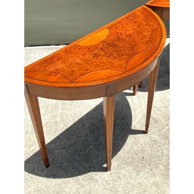 Vintage Regency Sunburst Burl Wood Demilune Tables - A Pair For Sale - Image 10 of 12