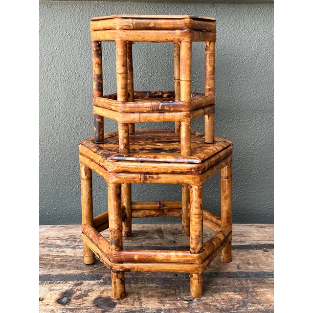 Vintage Hexagonal Bamboo Orchid Pedestals - Set of 2 For Sale - Image 11 of 12