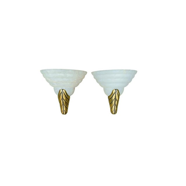 Art Deco Alabaster and Brass Leaf Sconces, 1970s, Set of 2 For Sale - Image 9 of 9