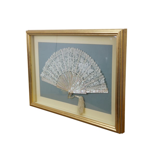 Antique Victorian Mother of Pearl floral lace folding hand fan in shadow box display. Dimensions: 28" x 2" x 20" (Width x...
