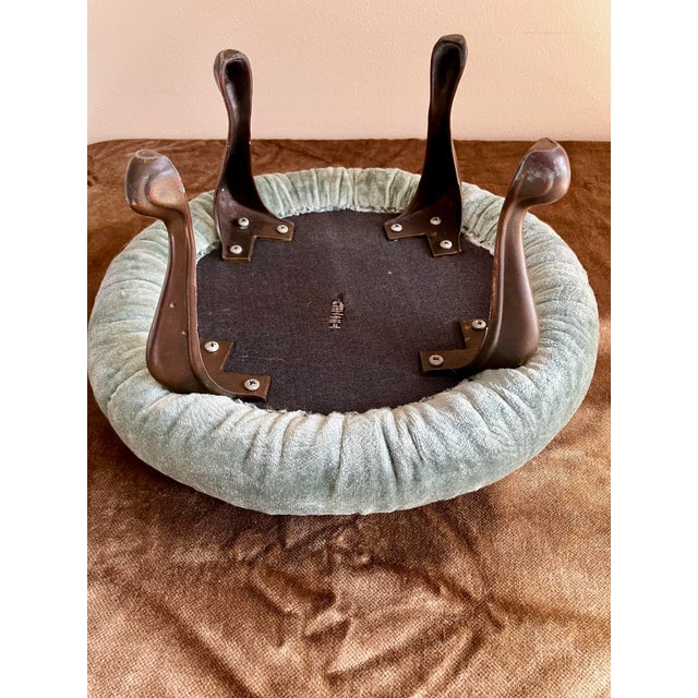 Vintage Hollywood Regency Pleated Sage Green Velvet Round Ottoman Featuring Elegant Cast Brass Cabriole Legs For Sale - Image 12 of 14