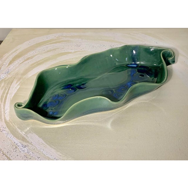 Ceramic Large Oval Green and Blue Studio Ceramic Platter With Swirl Handles - Signed For Sale - Image 7 of 7