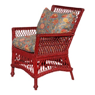 Antique Hand Woven Bar Harbor Style Red Wicker & Floral Arm Chair For Sale