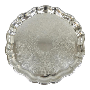 Vintage Sheridan Victorian Silver Plated Footed Round Serving Platter Bar Tray