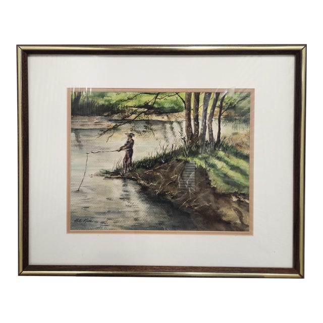 Vintage Watercolor Landscape – Man Fishing by River, Signed b.a. Kim, Framed For Sale