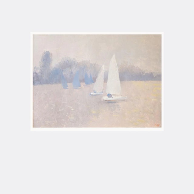 Bernard Myers, Dingy Sailing on the Thames, 1990s, Oil Pastel on Paper, in Very Good conditions. Designed 1990 to 1999
