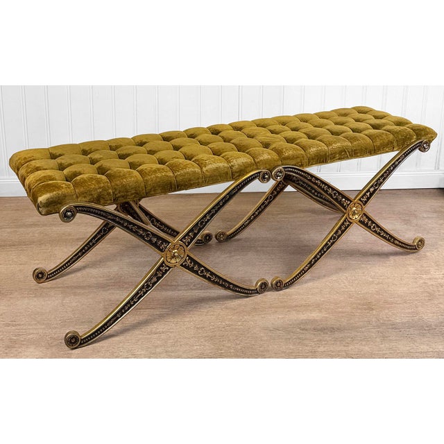 - Original 1970' French Regency Style Bench - Unusually Styled "Double X" Base in Cast Metal with a Gilded Finish - 61"...
