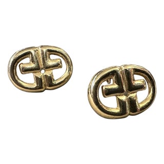 1980s Costume Jewelry Logo Gilt Metal Earrings by Givenchy For Sale