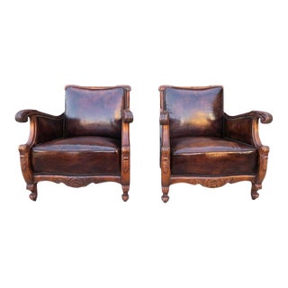 Pair of French Leather Embossed Armchairs, Circa 1930s For Sale