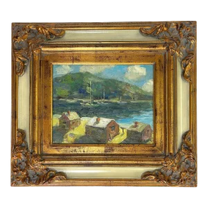 Original Signed 'LeBlanc' Framed Oil Painting on Canvas Depicting Hills and Harbor
