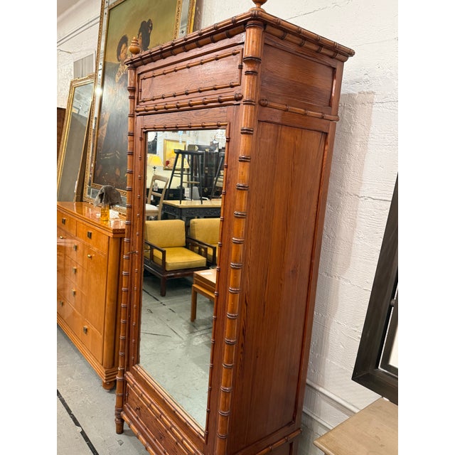 R. J. Horner Style Victorian Faux Bamboo Pine Mirrored Armoire For Sale - Image 10 of 12