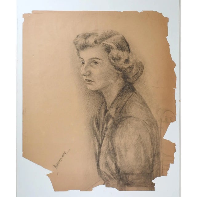 Mid-Century Modern Vintage Charles Normann Female Charcoal Portrait Drawing For Sale - Image 3 of 3