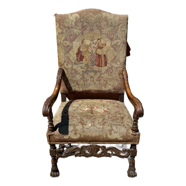 Late 19th Century Victorian Carved Wood Distressed Needlepoint Armchair Tall Back Throne Chair For Sale