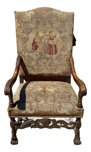 Late 19th Century Victorian Carved Wood Distressed Needlepoint Armchair Tall Back Throne Chair