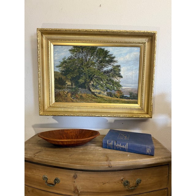 Antique Oil Painting Landscape by Maxwell 1885 Trees Water Mountains Gold Frame For Sale - Image 11 of 12