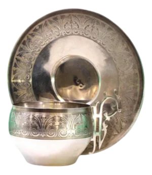 Silver Cup and Saucer with Reliefs and Applications with Cutouts, Set of 2