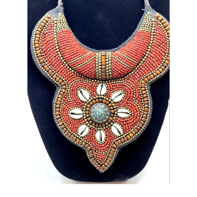 1970s Tibetan Beaded Bib Collar Necklace, Coral, Turquoise, Cowrie Shells For Sale - Image 9 of 11
