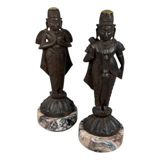 Artigianale, Ancient Asian Statues Deities, 20th Century, Carved Wood and Marble, Set of 2 For Sale