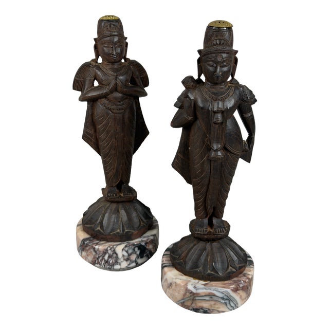 Artigianale, Ancient Asian Statues Deities, 20th Century, Carved Wood and Marble, Set of 2 For Sale